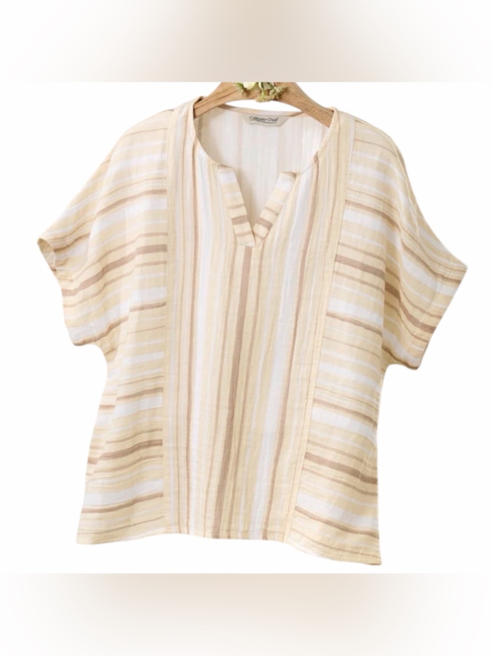Coldwater Creek Beige Cream Striped V-Neck XL Tunic 100%Cotton Gauze This Season